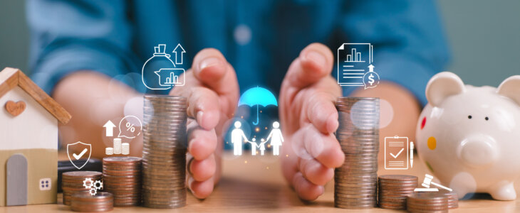 Divorce law and inheritance separation concept. Insurance plan protect family wealth. Hand separate saving money, finance inherit division, home loan, debt return, stack coin. Bank business investment