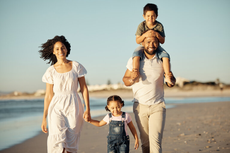 walking with family at sunset