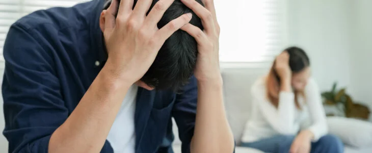 Divorce. Asian couples are desperate and disappointed after marriage. Husband and wife are sad, upset and frustrated after quarrels. distrust, love problems, betrayals. family problem, teenage love